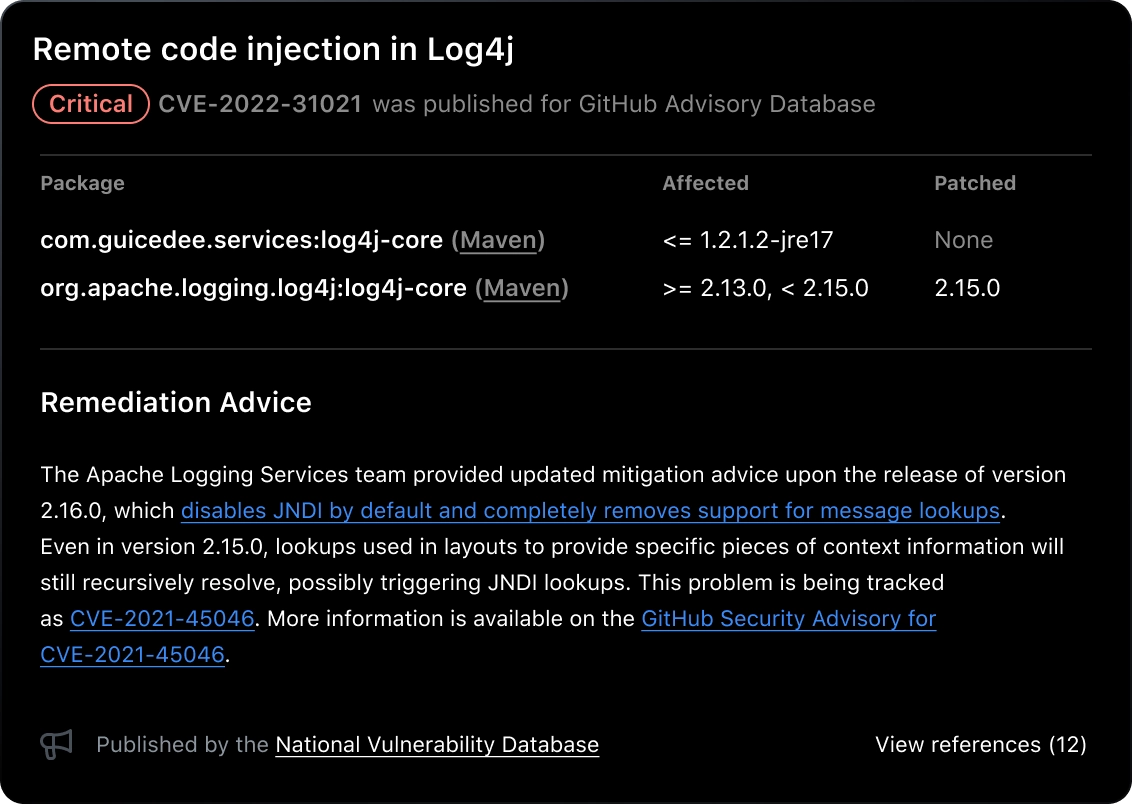 Insights and remediation advice for a critical Log4j vulnerability as documented in the GitHub Advisory Database