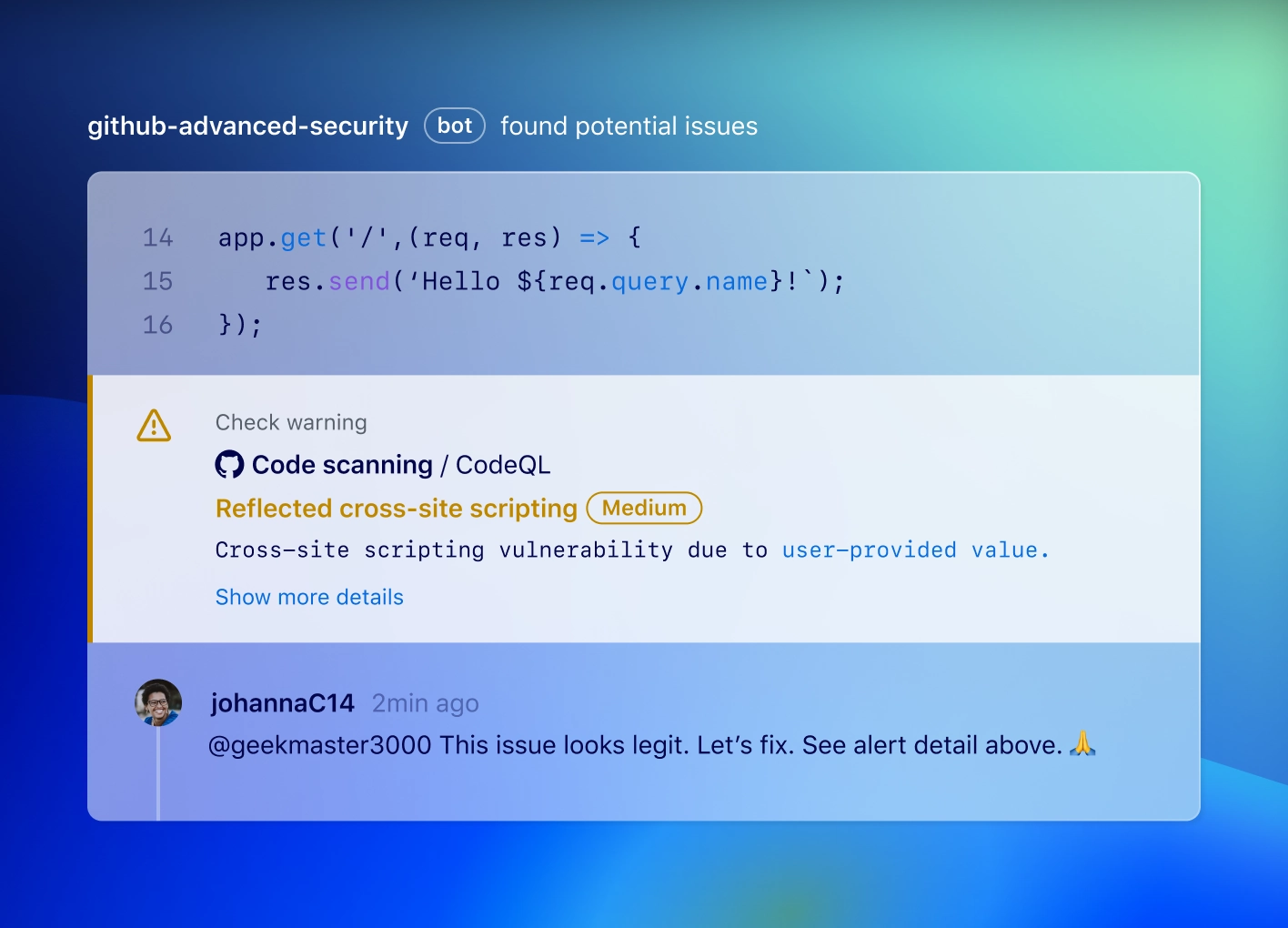 CodeQL warns of a reflected cross-site scripting vulnerability